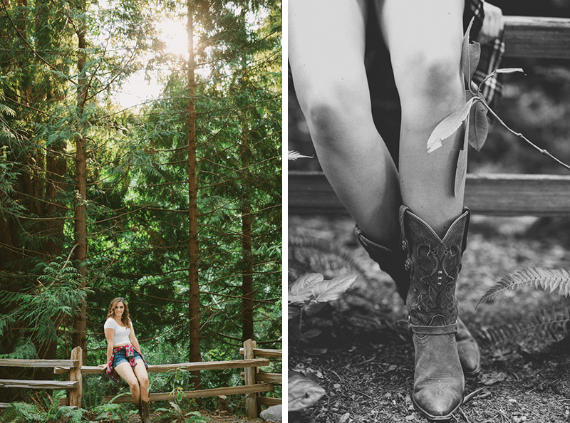 Casual high school senior in jean shorts and cowgirl boots, at Scenic Beach State Park near Bremerton, Washington. 
