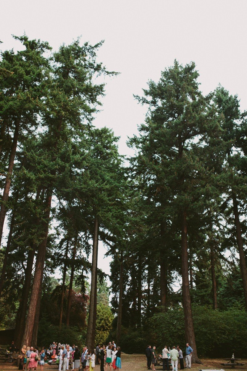 Small, woodsy wedding reception a Lincoln Park in Seattle, Washington. 