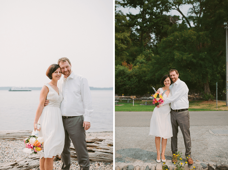 Bride in a simple v-neck dress with beading, at Lincoln Park in Seattle. 