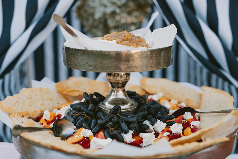 Decadent baby shower spread with Moon Drop grapes, peaches, goat cheese and apple compote. 