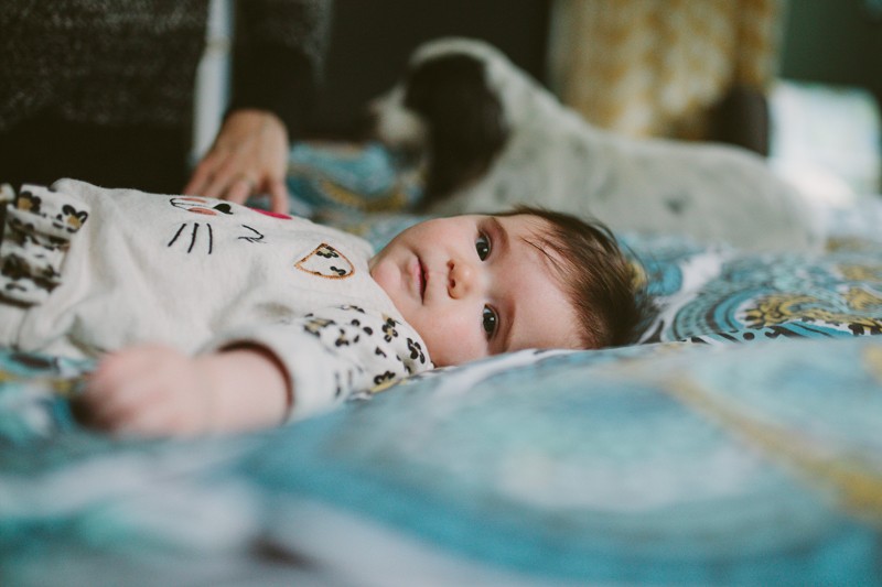 Adorable baby girl in a leopard print sweater, for an at-home portrait session. 