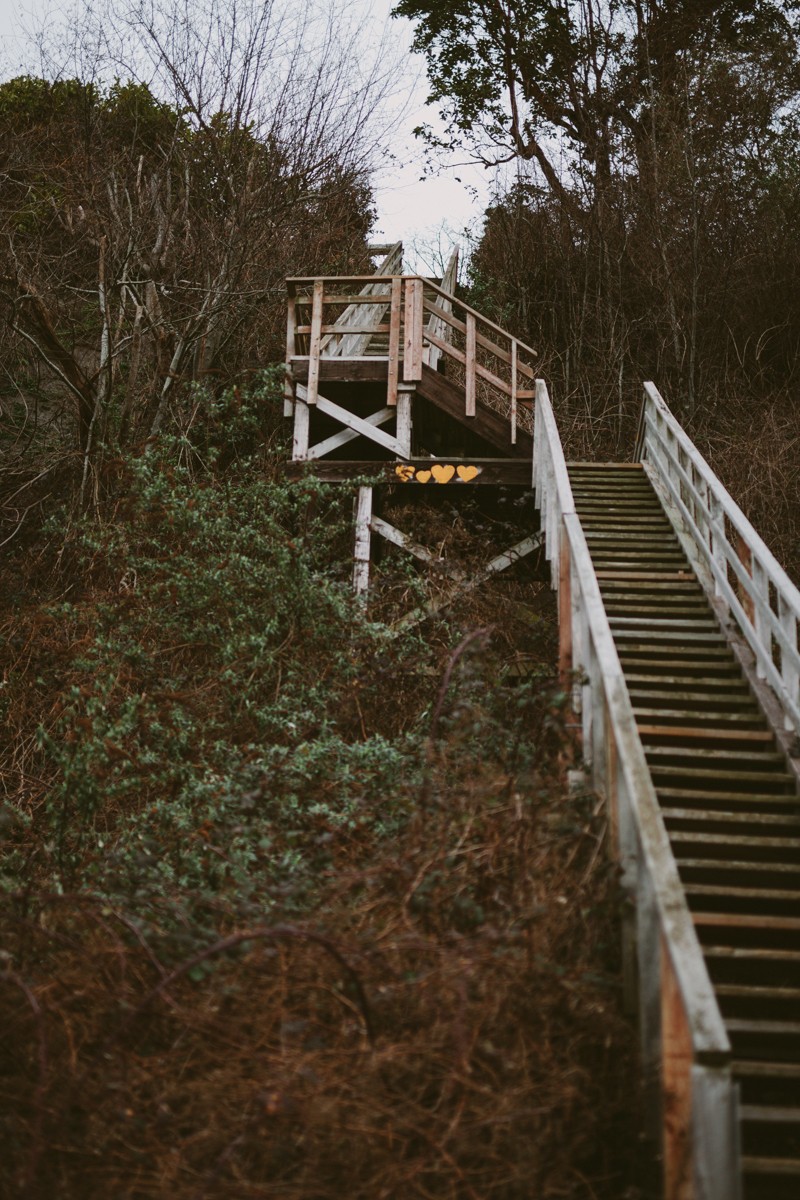 Long staircase with hearts painted on it, at Indianola Beach in Washington.