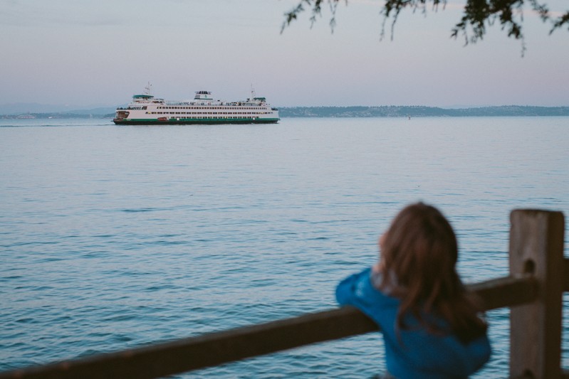 Ferry watching on Bainbridge Island, WA, at dusk in Spring.