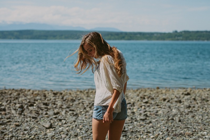 Summer fun along the Hood Canal, with model wearing a boho peasant top and jean shorts.