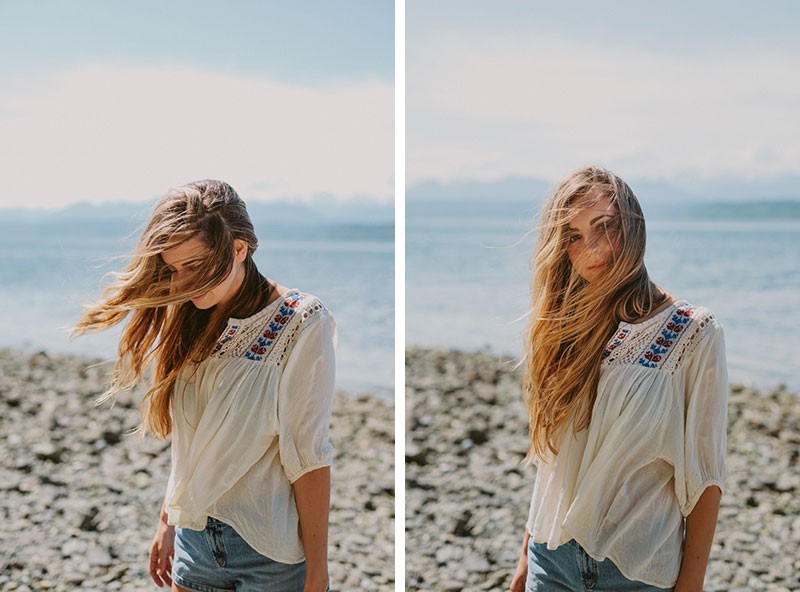 Boho model with long hair wearing a peasant top and jean shorts at Kitsap Memorial Park along the Hood Canal.