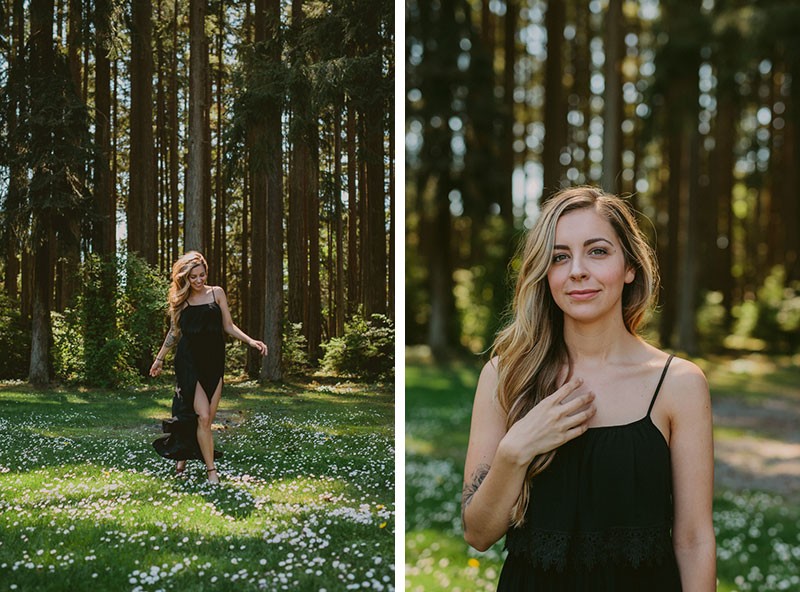 Forest portraits, with non-traditional bride dancing in a forest clearing, at Kitsap Memorial State Park.