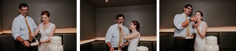 Bride and groom cut the cake and feed it to each other sweetly.