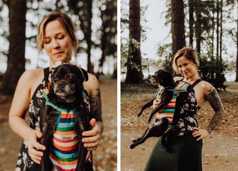 Playful engagement session with bride's dog in a rainbow puppy bjorn carrier. 