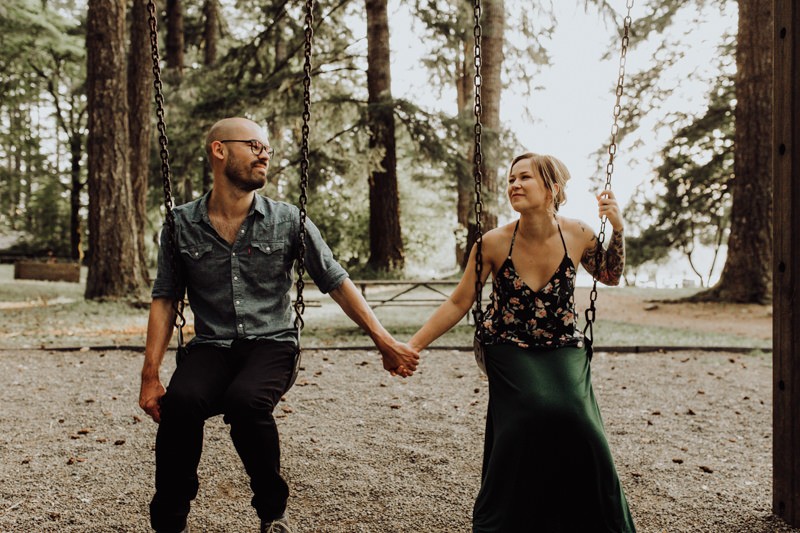 Playful woodsy engagement session on the Kitsap Peninsula in Washington state. 