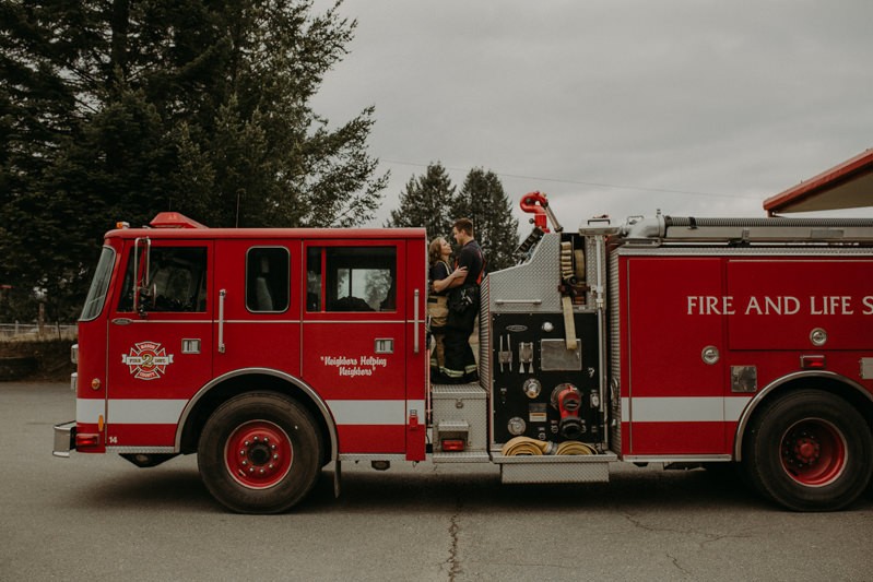 Non-traditional firefighter engagement photos near Bremerton, Washington. 