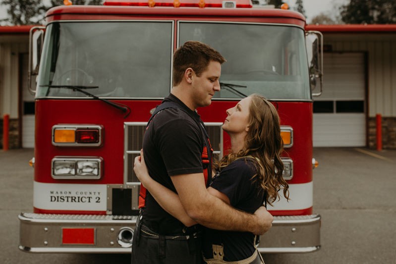 Playful PNW engagement session for two firefighters on the Kitsap Peninsula. 