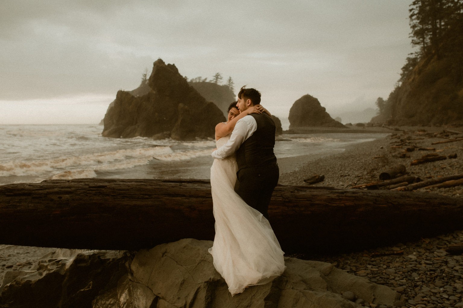 Ruby Beach elopement at sunset on the Olympic Peninsula, Washington.